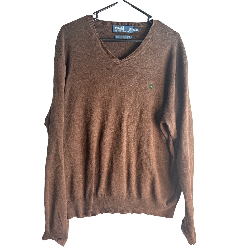 Polo Ralph Lauren Mens XL Pima Cotton V-Neck Sweater Brown Heather Green Pony